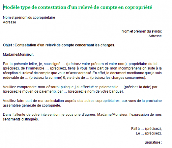 Contestation d'un relevé de compte en copropriété : modèle et explications