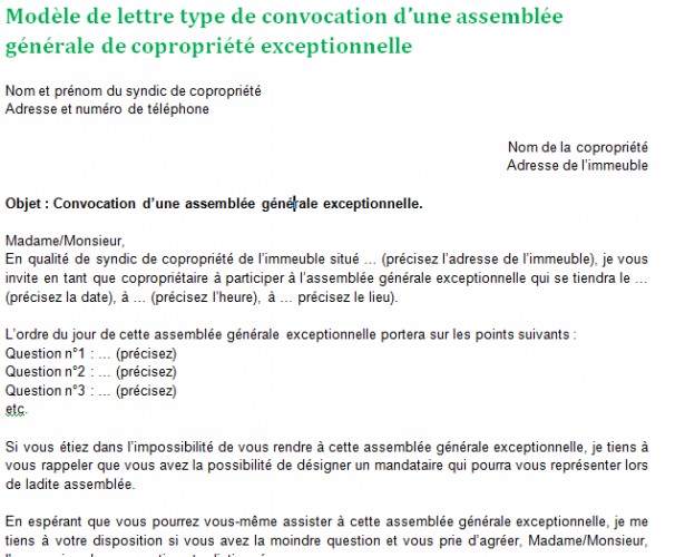 Lettre de convocation d'une AG exceptionnelle de copropriété : modèle et explications