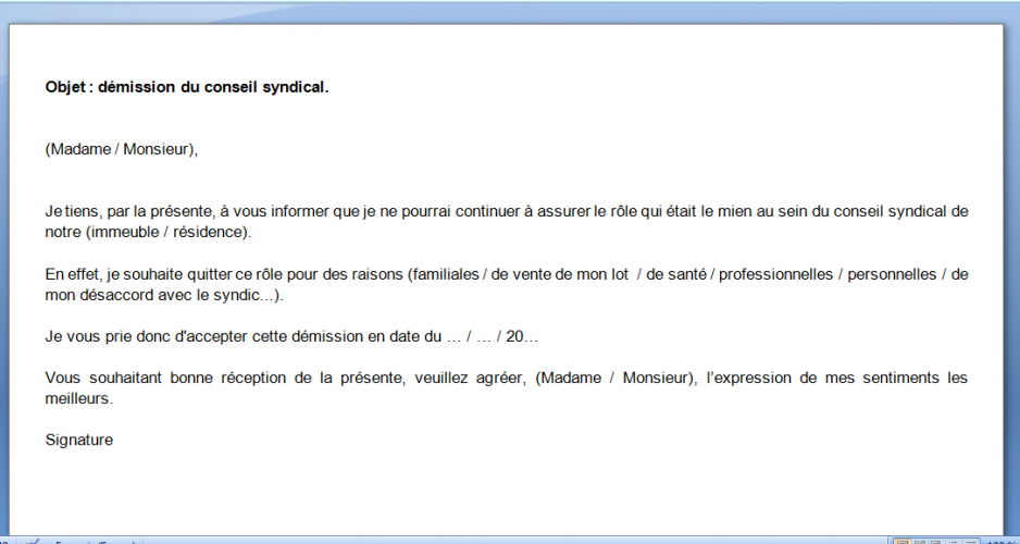 Lettre de démission du conseil syndical