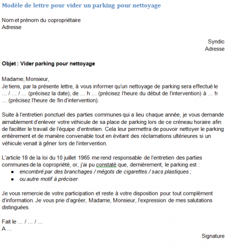 Modèle de lettre de demande de vider un parking pour nettoyage