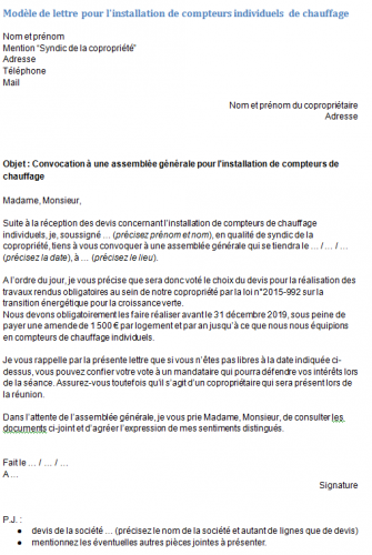 Modèle de convocation à une AG pour l'installation de compteurs de chauffage individuels