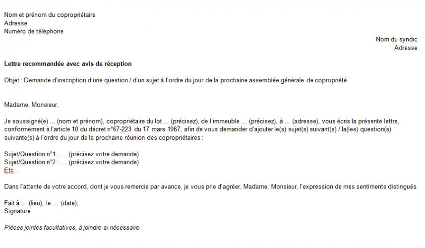 Lettre de demande d'inscription d'un sujet à l'ordre du jour de l'AG de copropriété