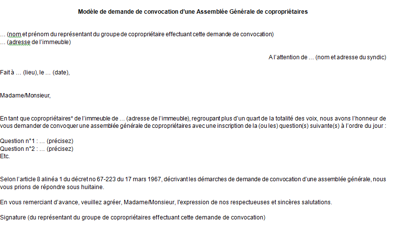 Modèle lettre assemblée générale copropriété